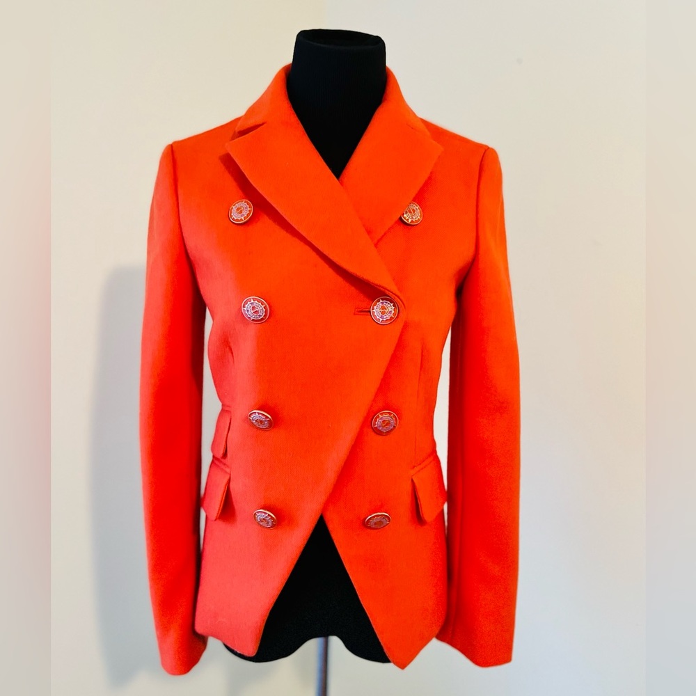 J CREW WOOL OXFORD ORANGE BLAZER WITH PINK BUTTONS SIZE 2